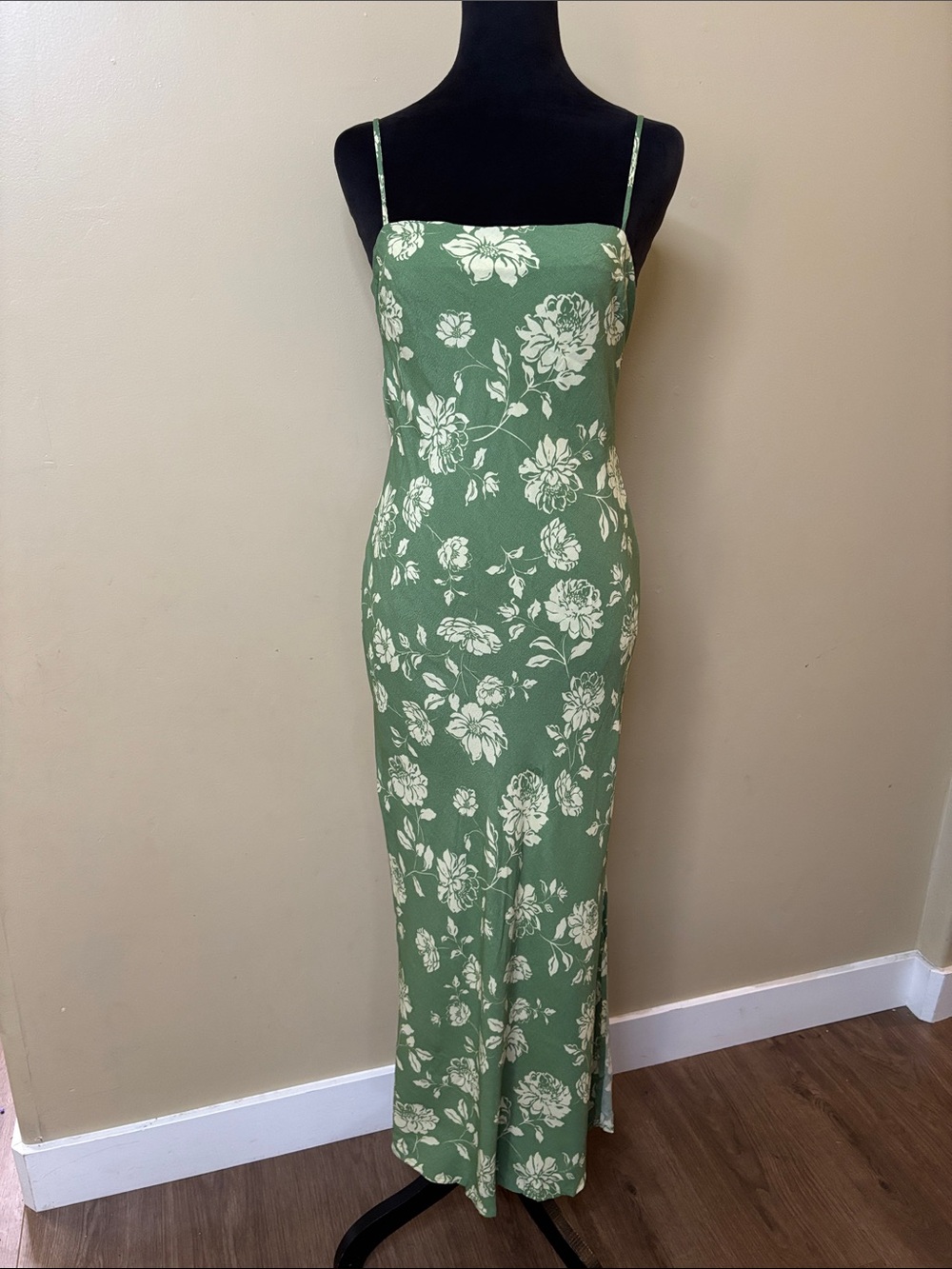 Dress Forum Green Floral Slip Dress with Spaghetti Straps